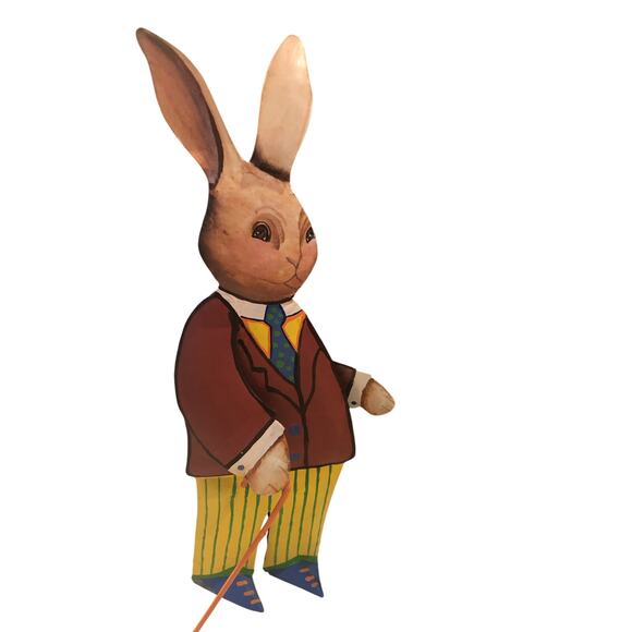 Vintage Dept 56 Rustic Trio Of Easter Bunny’s Metal Hand Painted Dressed In Best - Picture 5 of 10